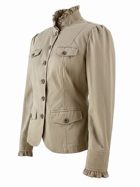 Eddie Bauer Khaki Utility Military Jacket 100% Cotton Ruffle Collar Medium